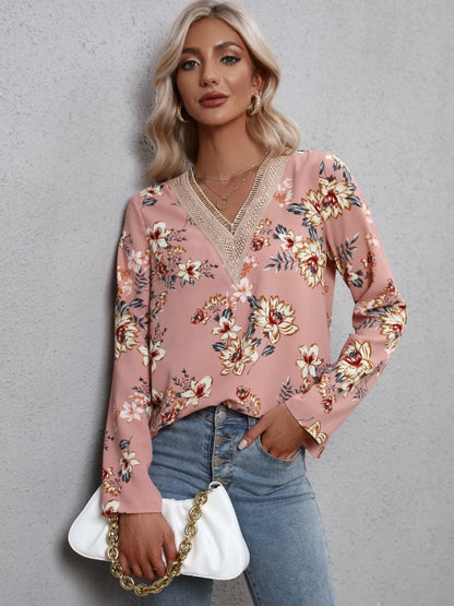 Printed V-Neck Long Sleeve Blouse