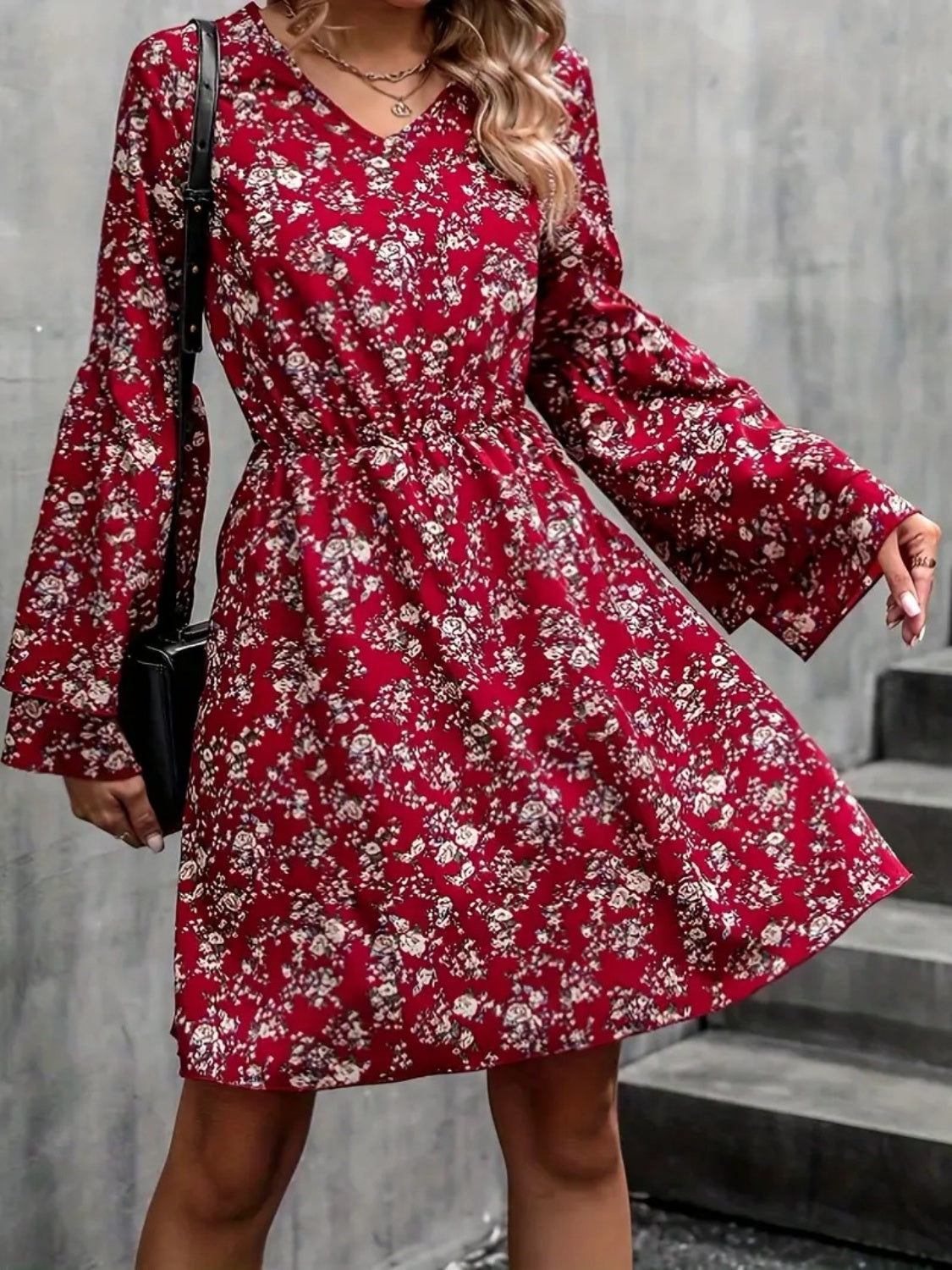 Printed V-Neck Long Sleeve Mini Dress