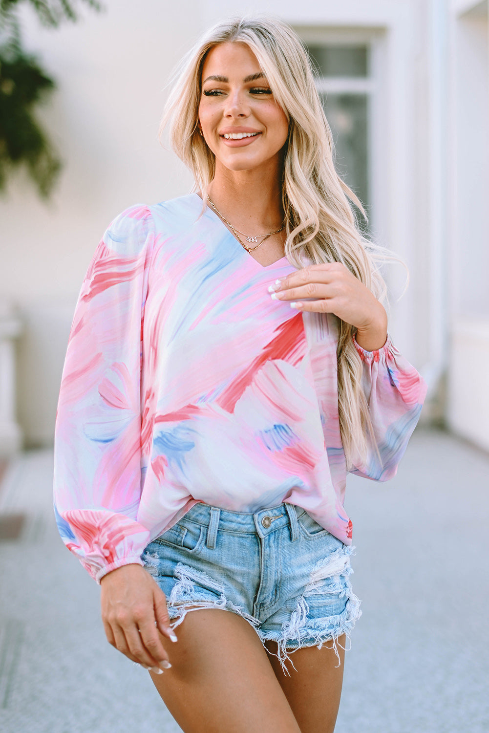 Printed V-Neck Puff Sleeve Blouse