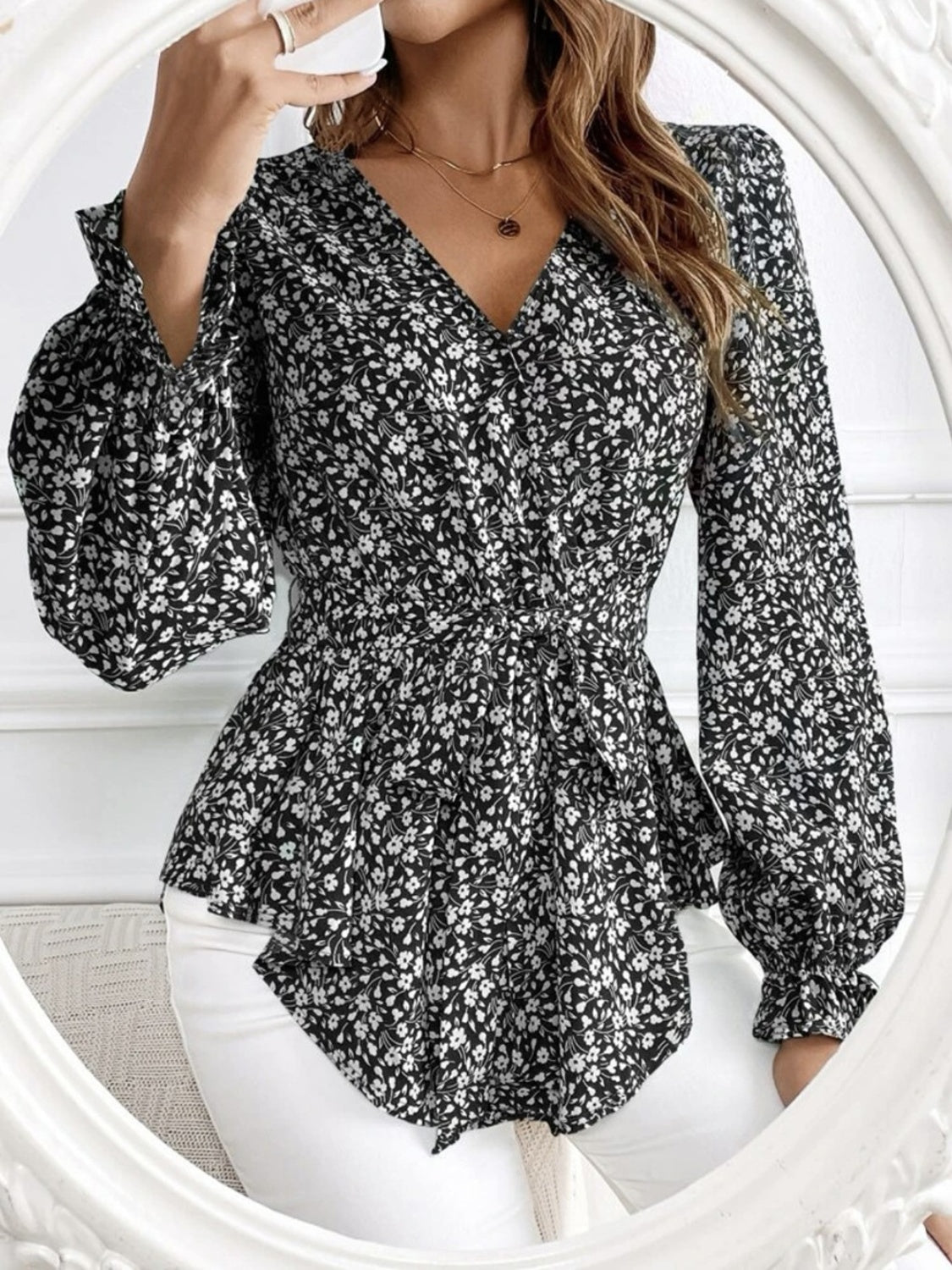 Printed V-Neck Tie Front Flounce Sleeve Blouse