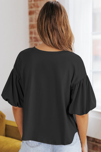 Puff Sleeve Curved Hem Blouse