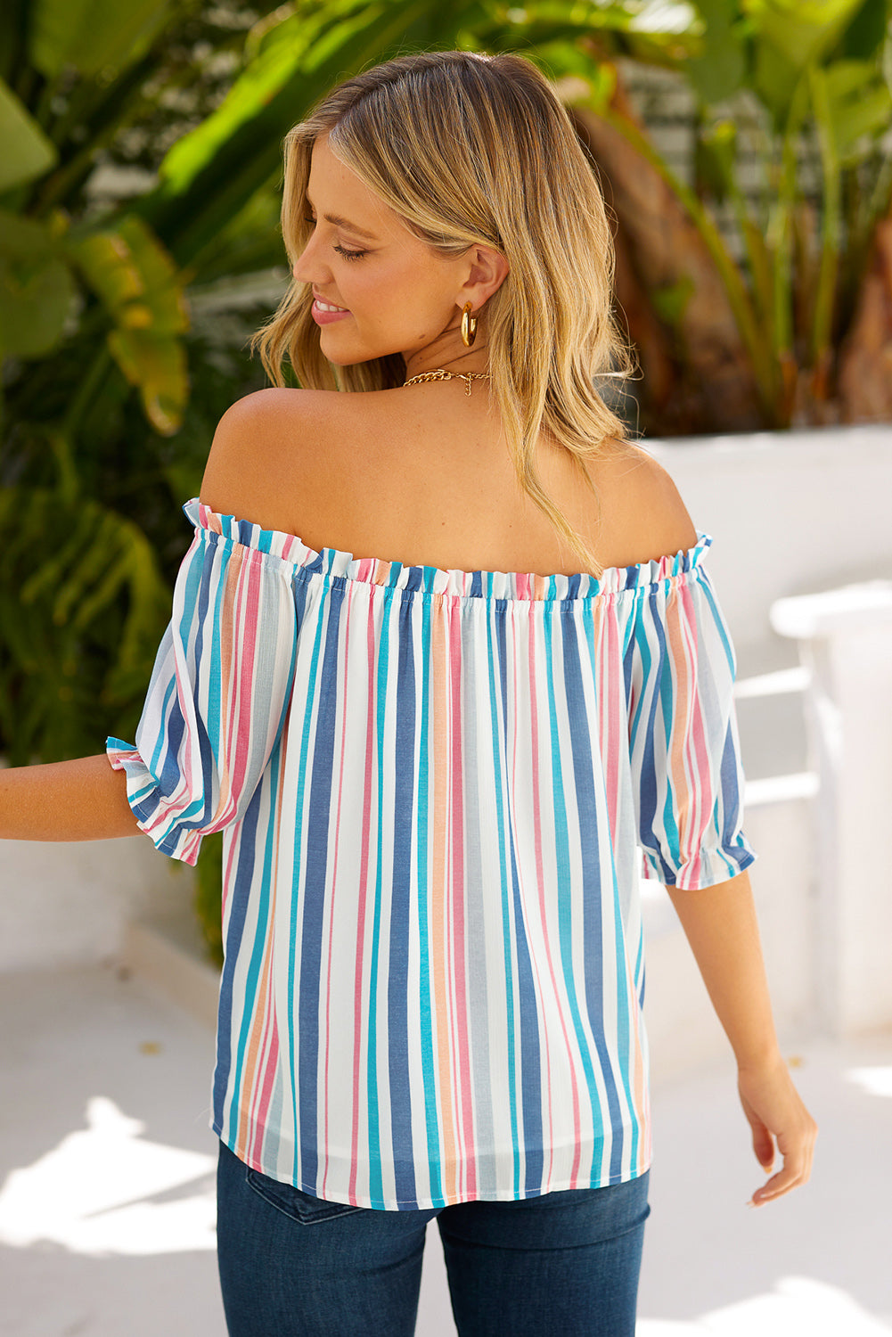 Rainbow Stripe Off-Shoulder Frilled Flounce Sleeve Blouse