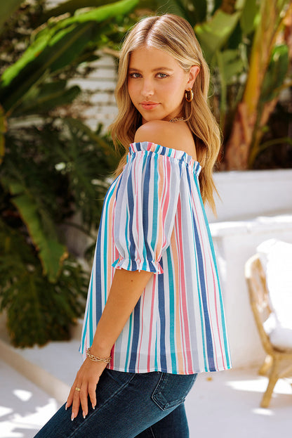 Rainbow Stripe Off-Shoulder Frilled Flounce Sleeve Blouse