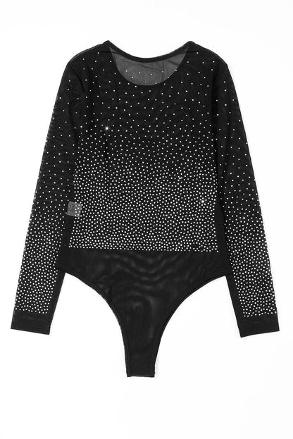 Rhinestone Embellished Mesh Long Sleeve Bodysuit