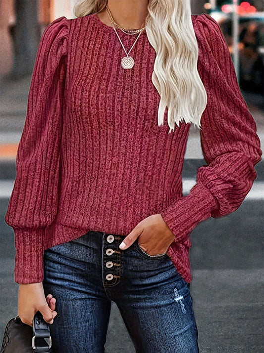 Ribbed Round Neck Lantern Sleeve Blouse