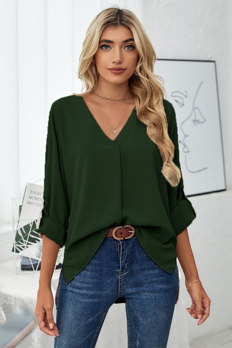 Roll-Tab Sleeve V-Neck Blouse