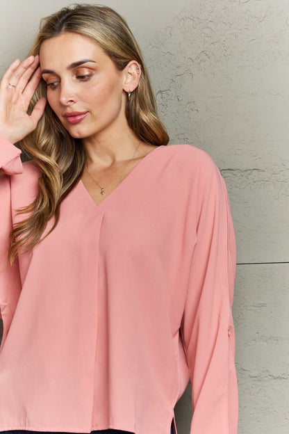 Roll-Tab Sleeve V-Neck Blouse