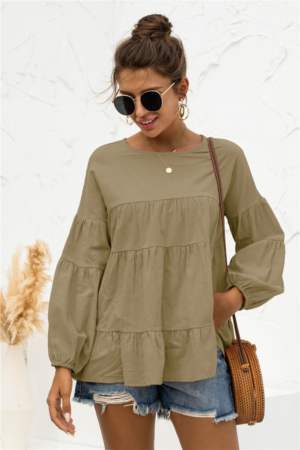 Round Neck Bubble Sleeve Tiered Blouse