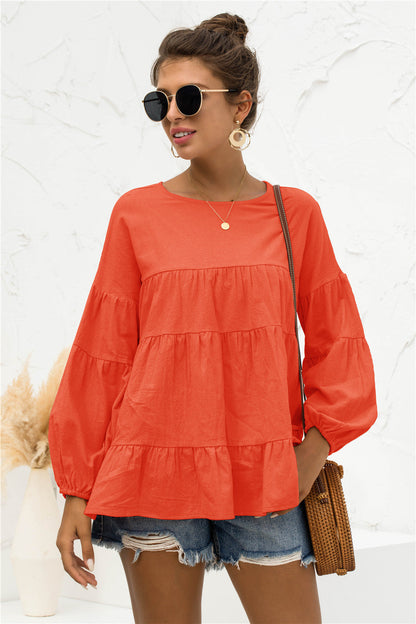 Round Neck Bubble Sleeve Tiered Blouse