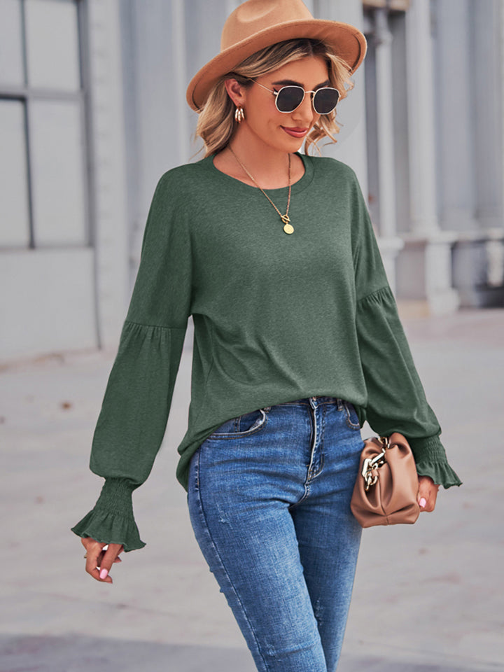 Round Neck Flounce Sleeve Blouse