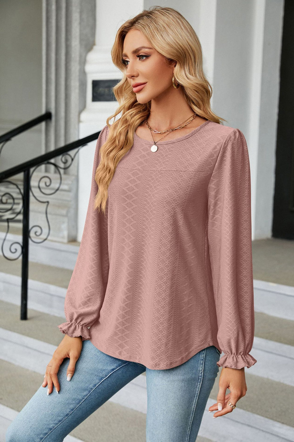 Round Neck Flounce Sleeve Blouse