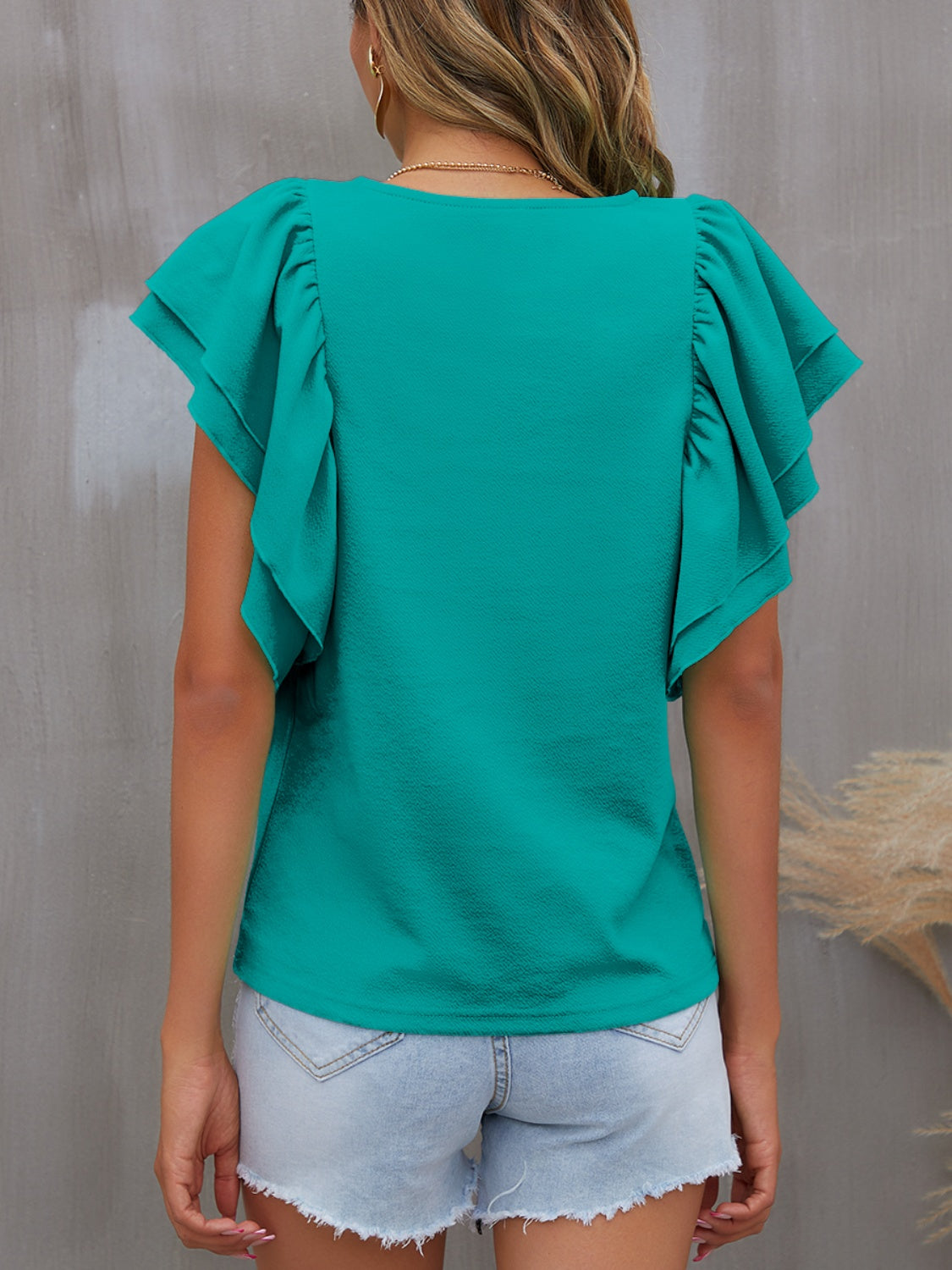 Round Neck Flounce Sleeve Blouse