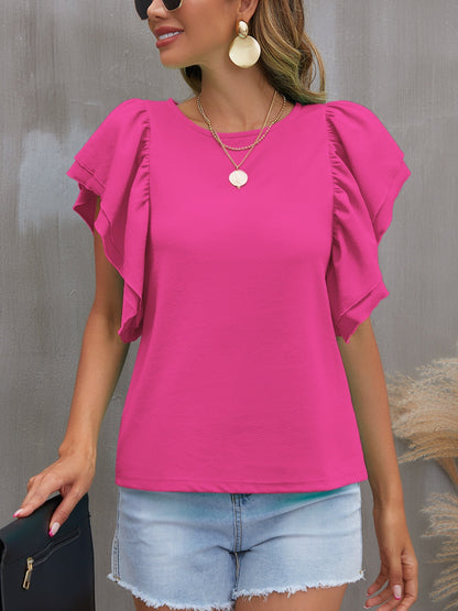 Round Neck Flounce Sleeve Blouse