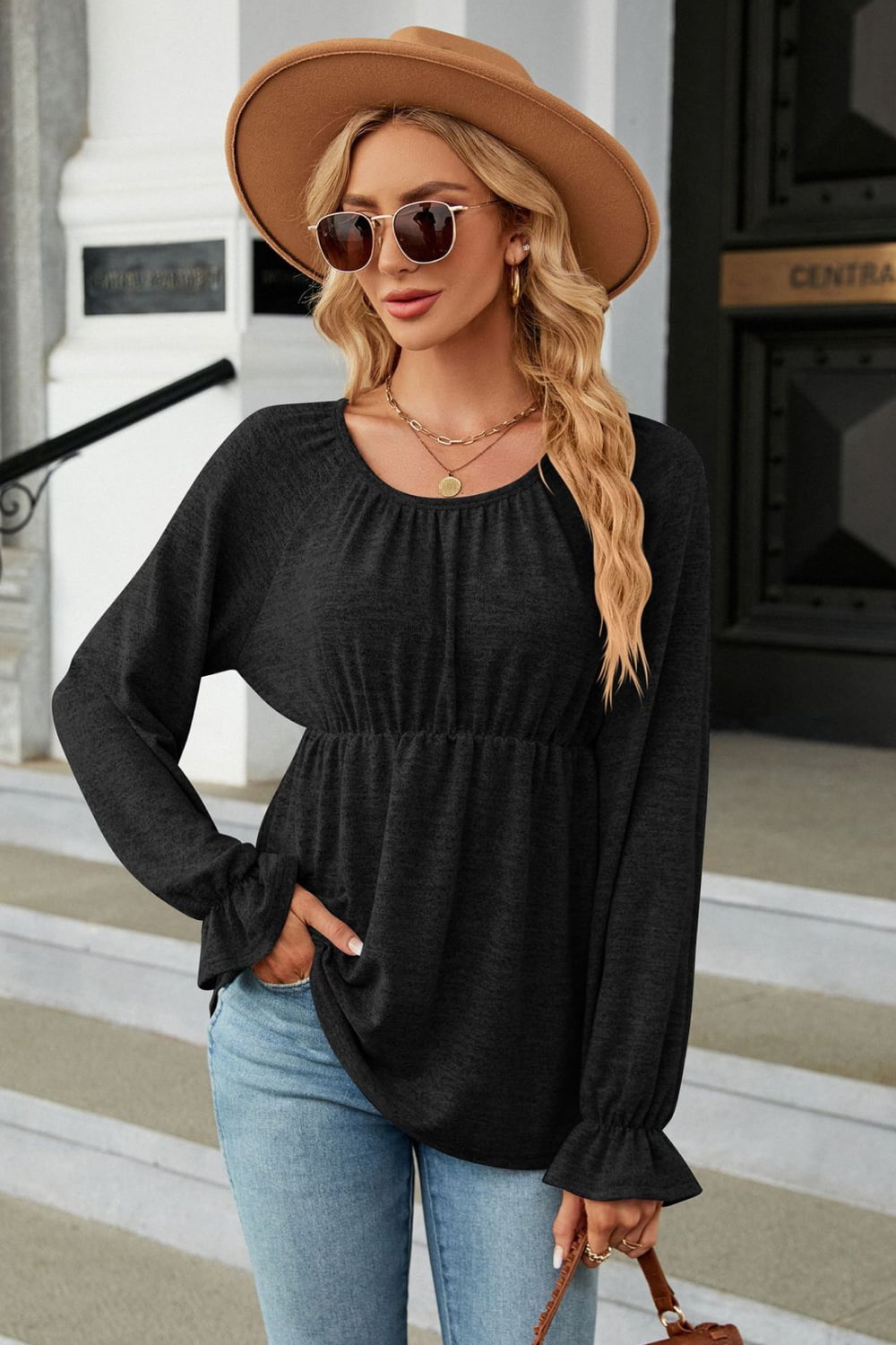 Round Neck Flounce Sleeve Blouse