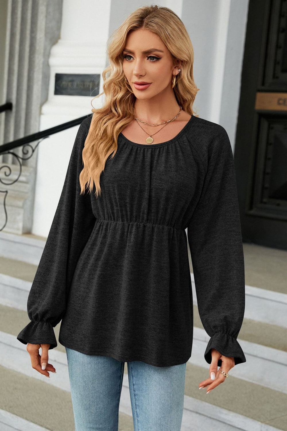 Round Neck Flounce Sleeve Blouse