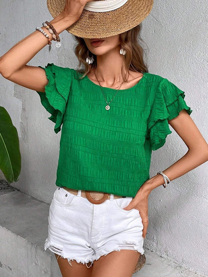 Round Neck Flounce Sleeve Blouse