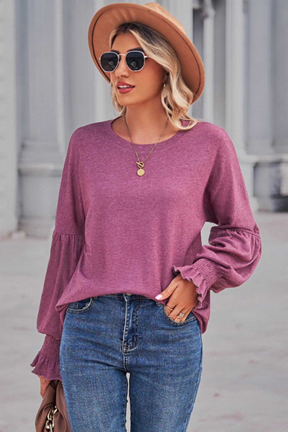 Round Neck Flounce Sleeve Blouse