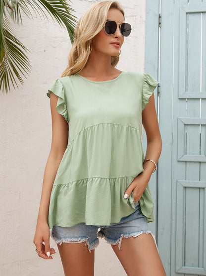 Round Neck Flutter Sleeve Tiered Blouse