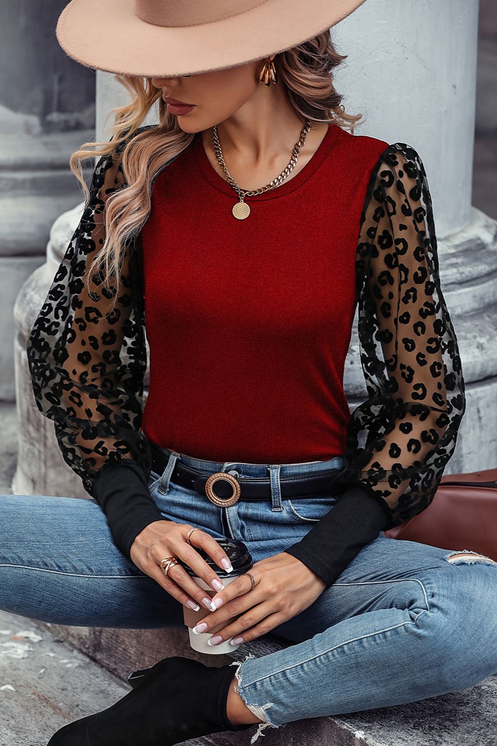 Round Neck Lantern Sleeve Blouse