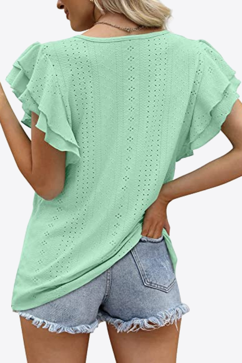 Round Neck Layered Flutter Sleeve Blouse