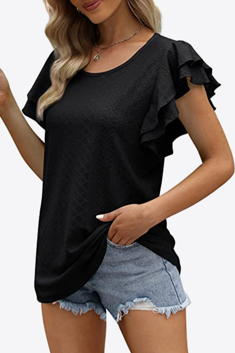 Round Neck Layered Flutter Sleeve Blouse