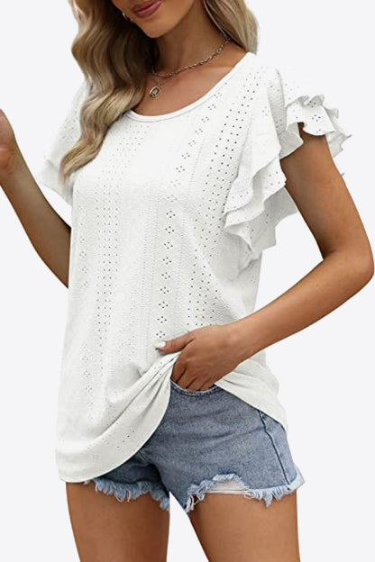 Round Neck Layered Flutter Sleeve Blouse