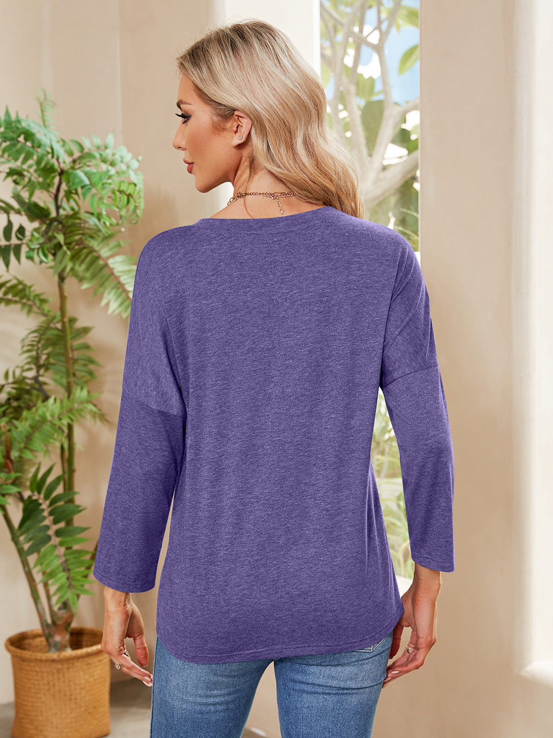 Round Neck Long Sleeve Drop Shoulder Blouse