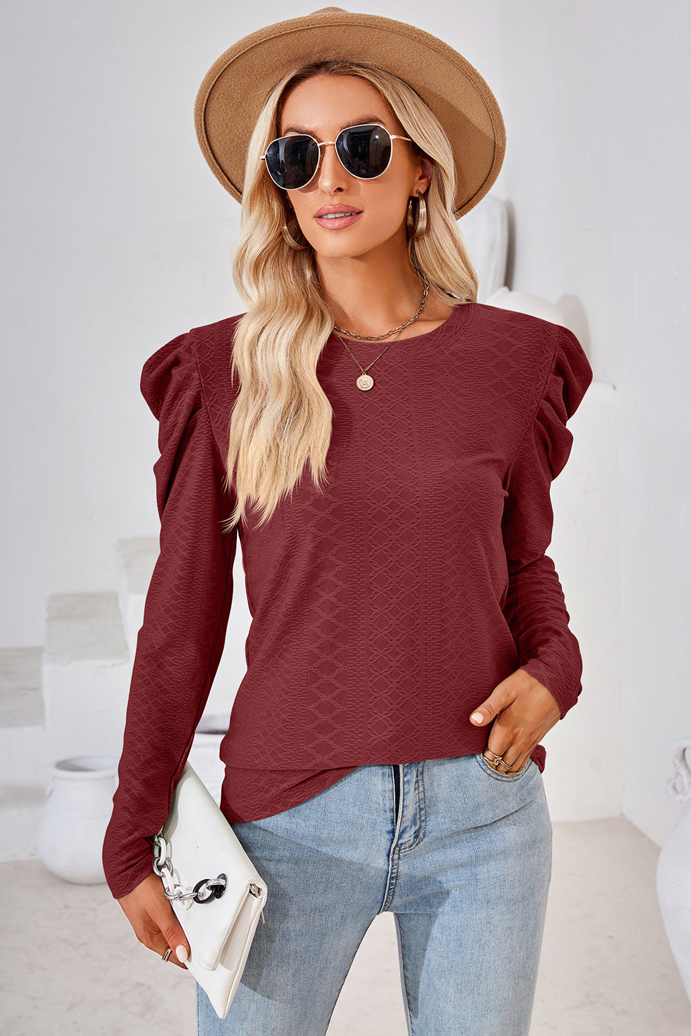 Round Neck Puff Sleeve Blouse