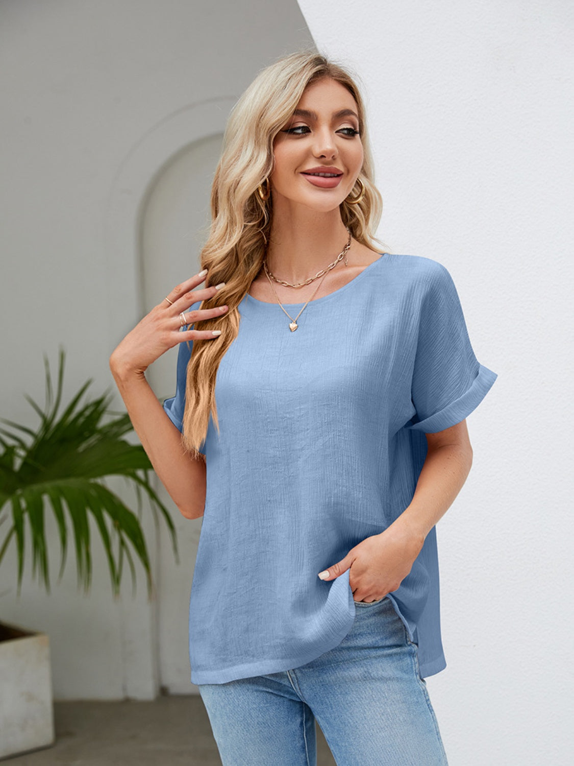 Round Neck Short Sleeve Blouse