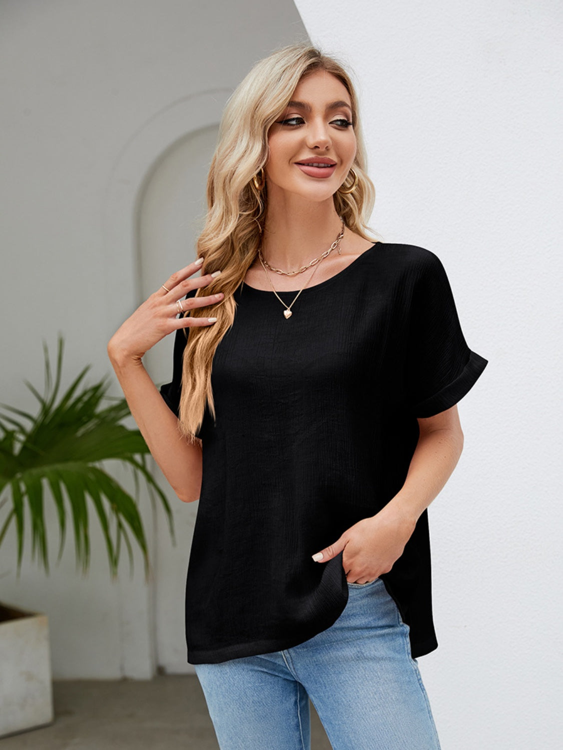 Round Neck Short Sleeve Blouse