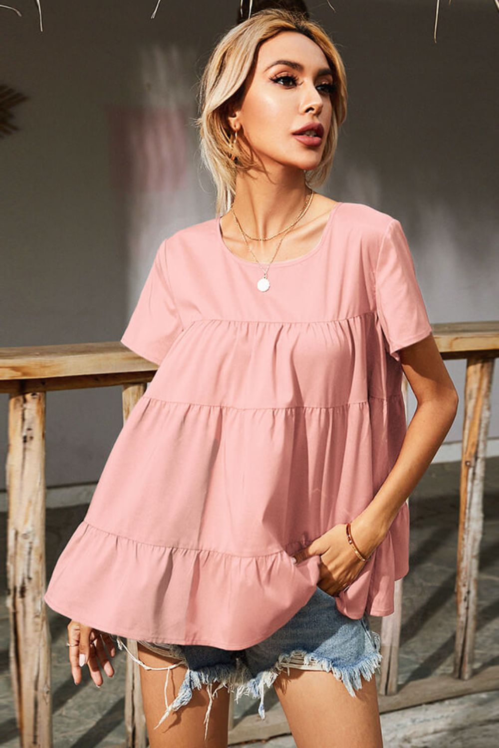 Round Neck Short Sleeve Tiered Blouse