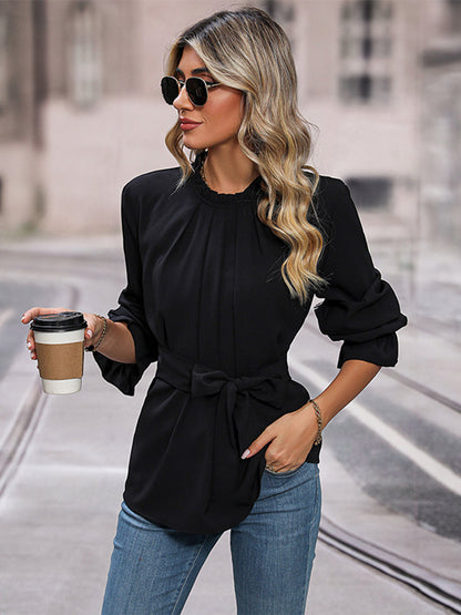 Round Neck Tie Waist Long Sleeve Blouse