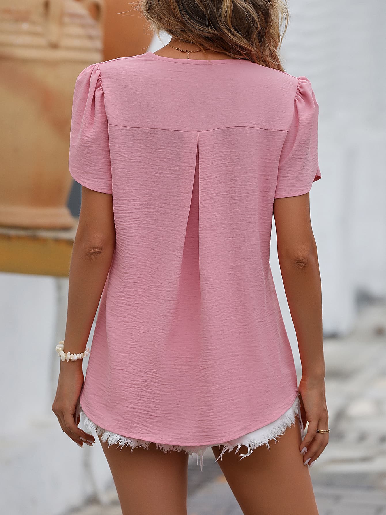 Ruche V-Neck Petal Sleeve Top