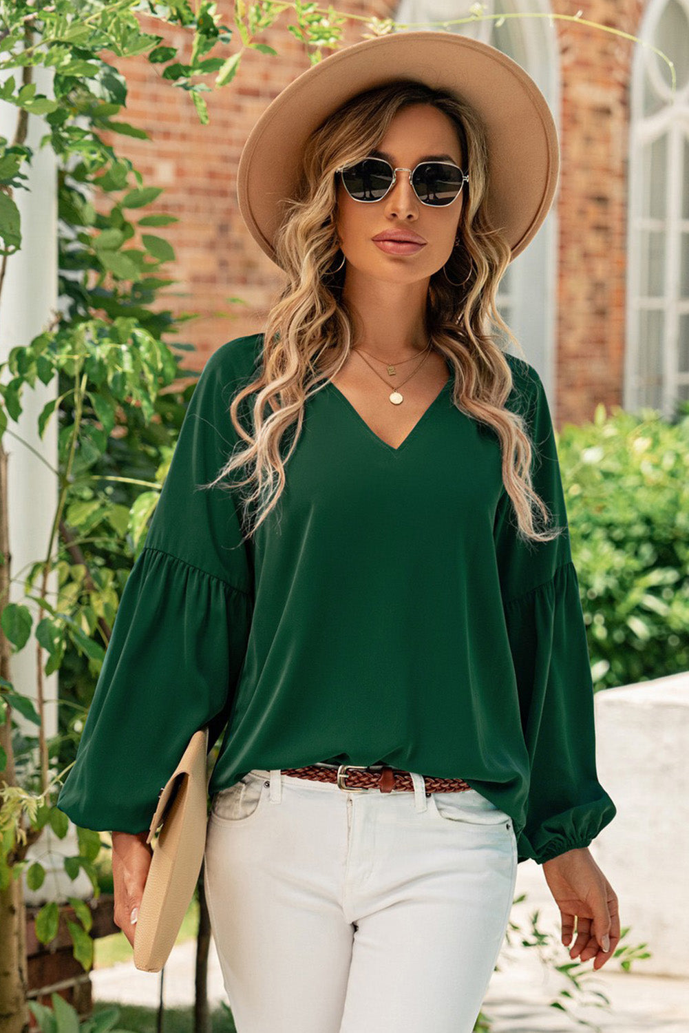 Ruched Notched Balloon Sleeve Blouse