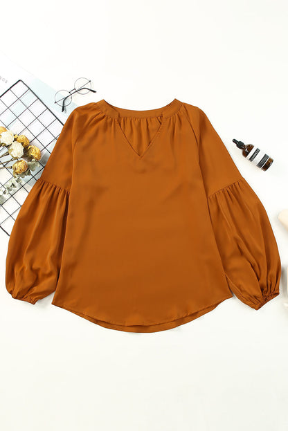 Ruched Notched Balloon Sleeve Blouse