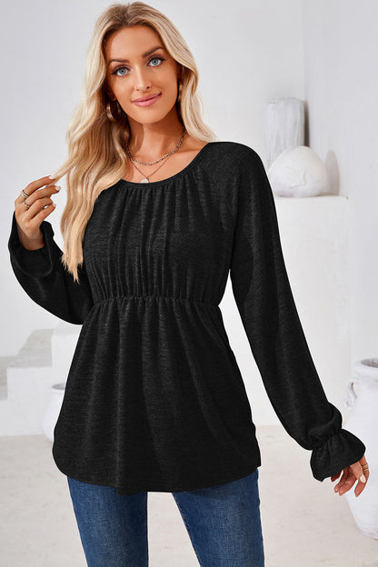 Ruched Round Neck Flounce Sleeve Blouse