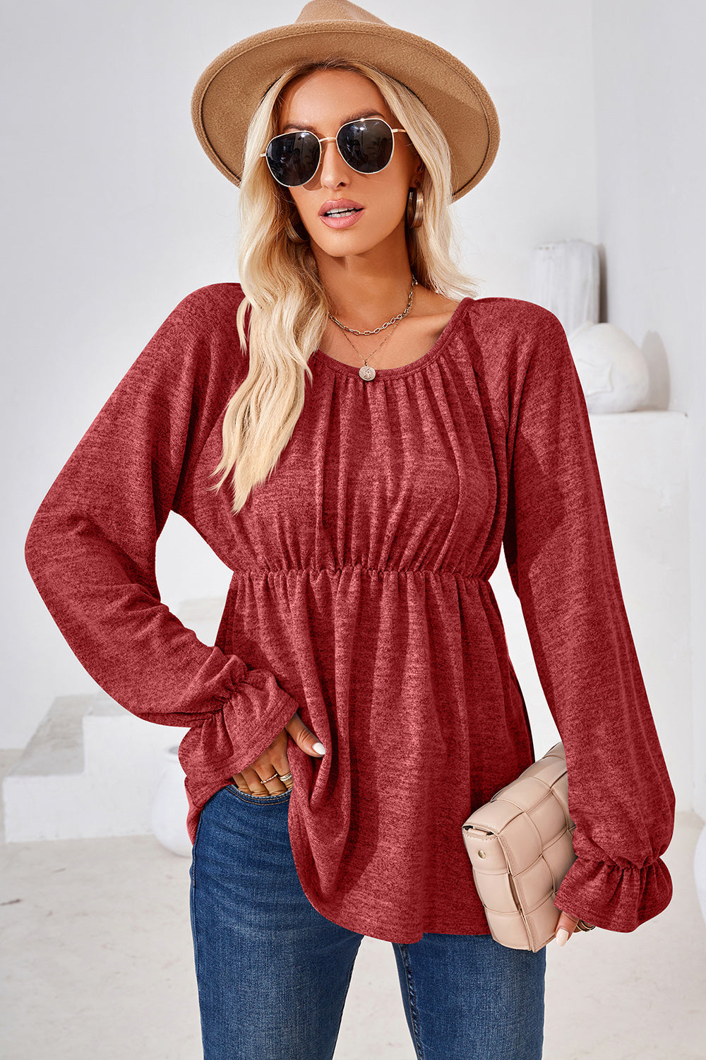 Ruched Round Neck Flounce Sleeve Blouse