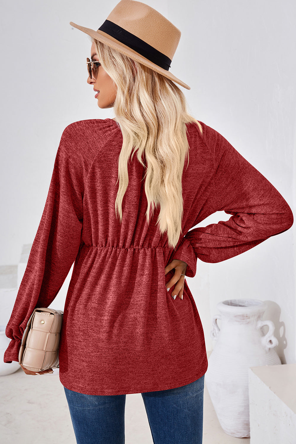 Ruched Round Neck Flounce Sleeve Blouse