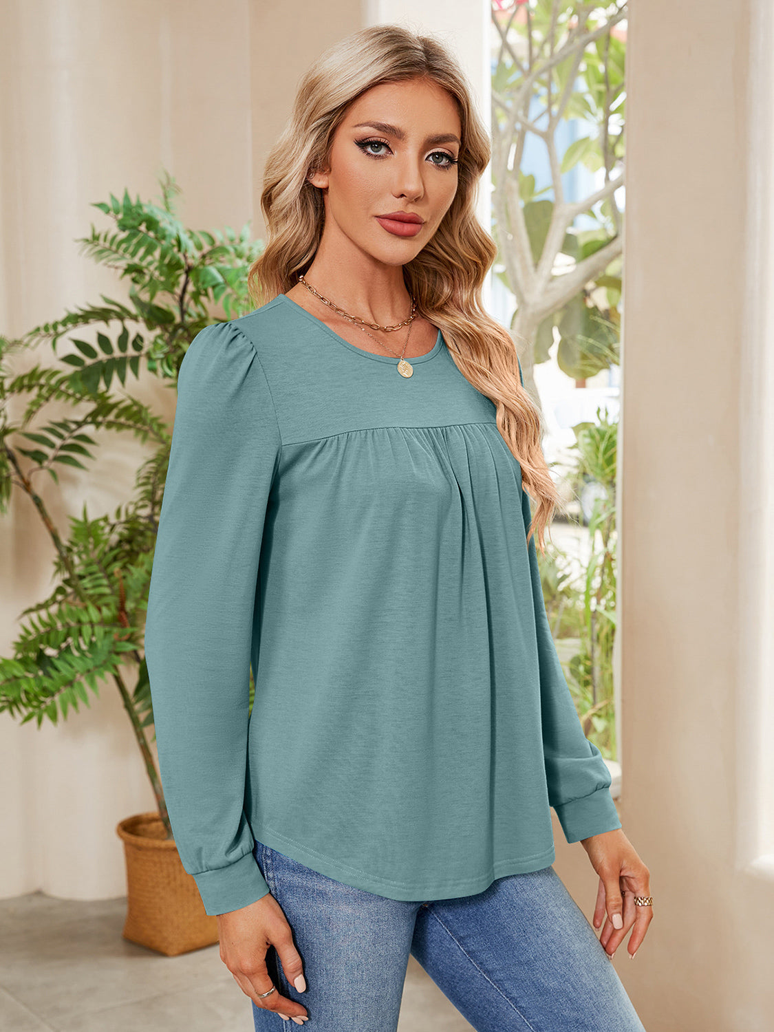 Ruched Round Neck Long Sleeve Blouse