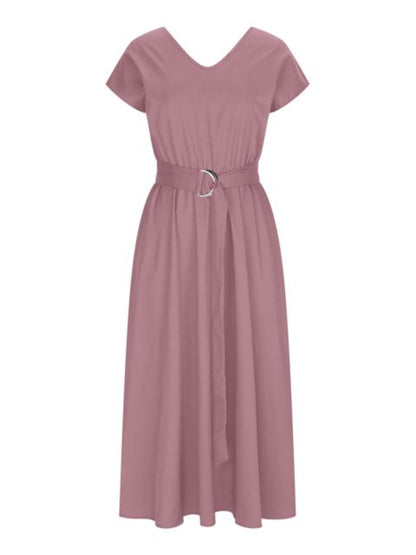 Ruched V-Neck Cap Sleeve Dress