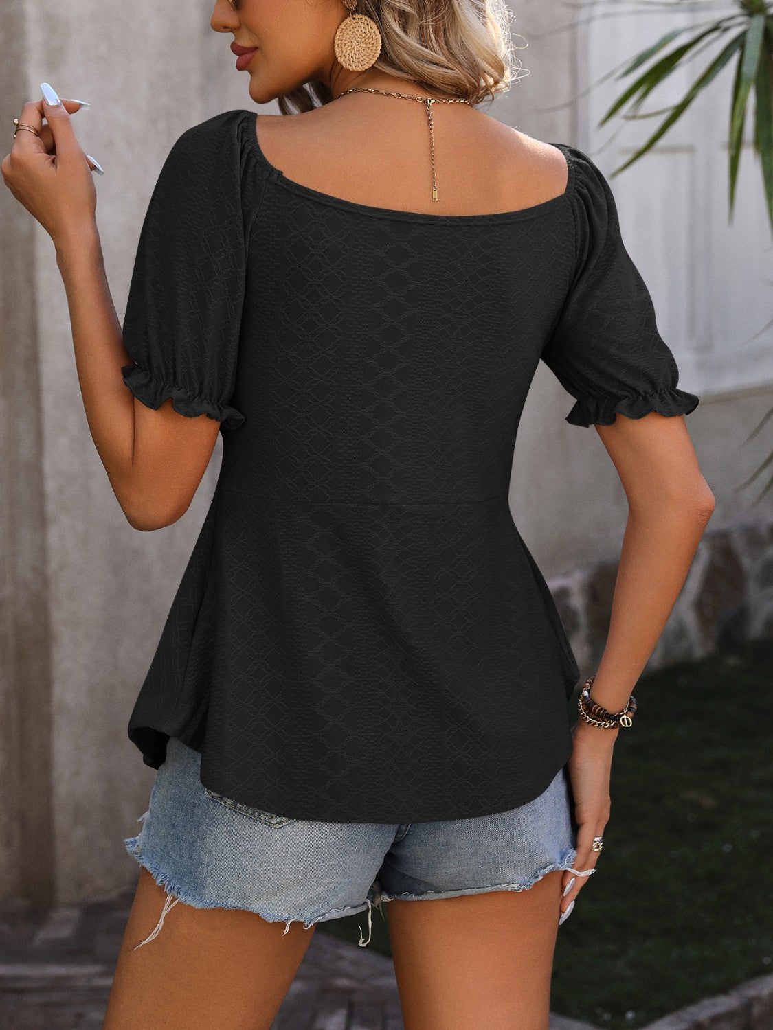 Ruched V-Neck Flounce Sleeve Blouse