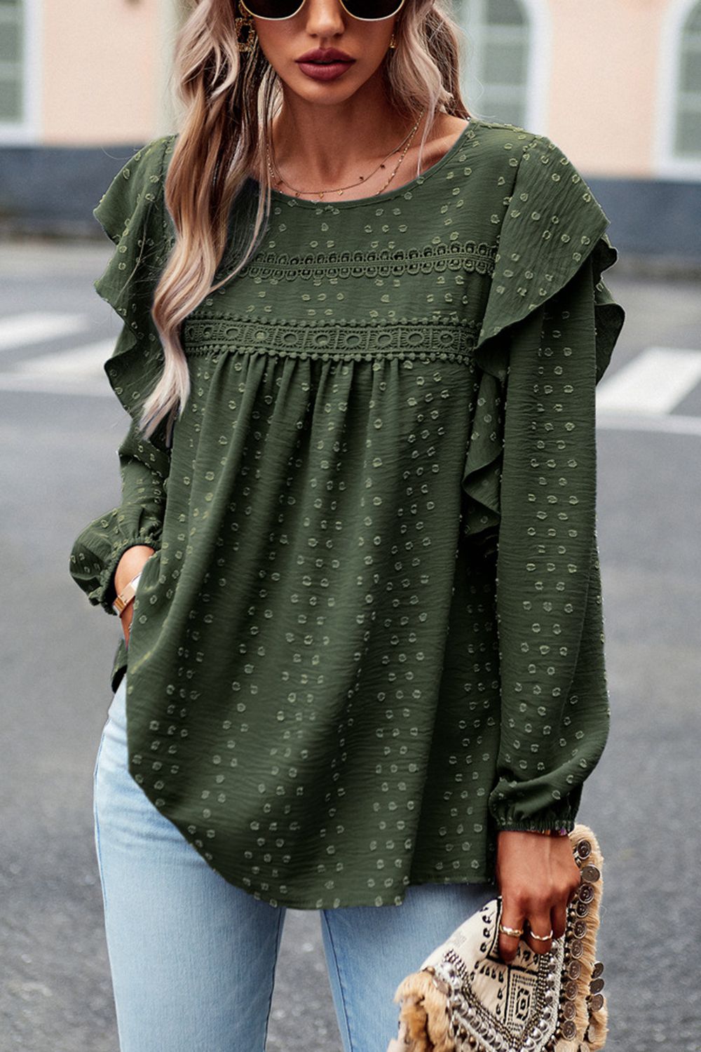 Ruffle Trim Balloon Sleeve Blouse