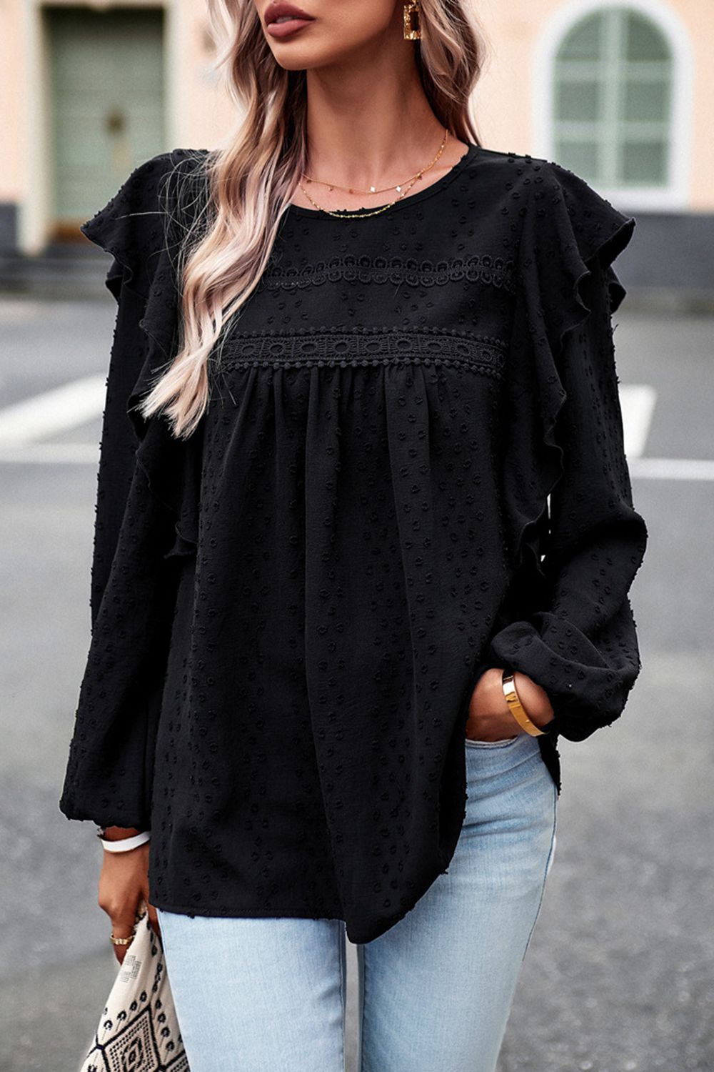 Ruffle Trim Balloon Sleeve Blouse