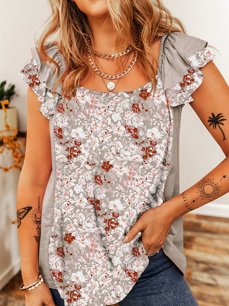 Ruffled Floral Square Neck Cap Sleeve Blouse