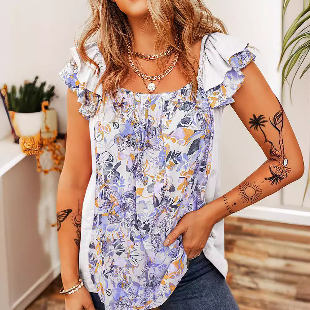 Ruffled Floral Square Neck Cap Sleeve Blouse