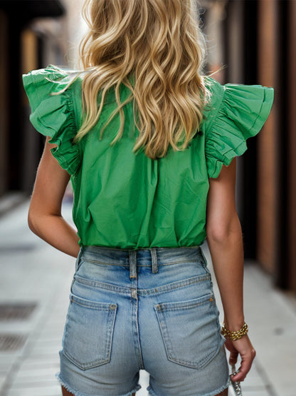 Ruffled Notched Cap Sleeve Blouse