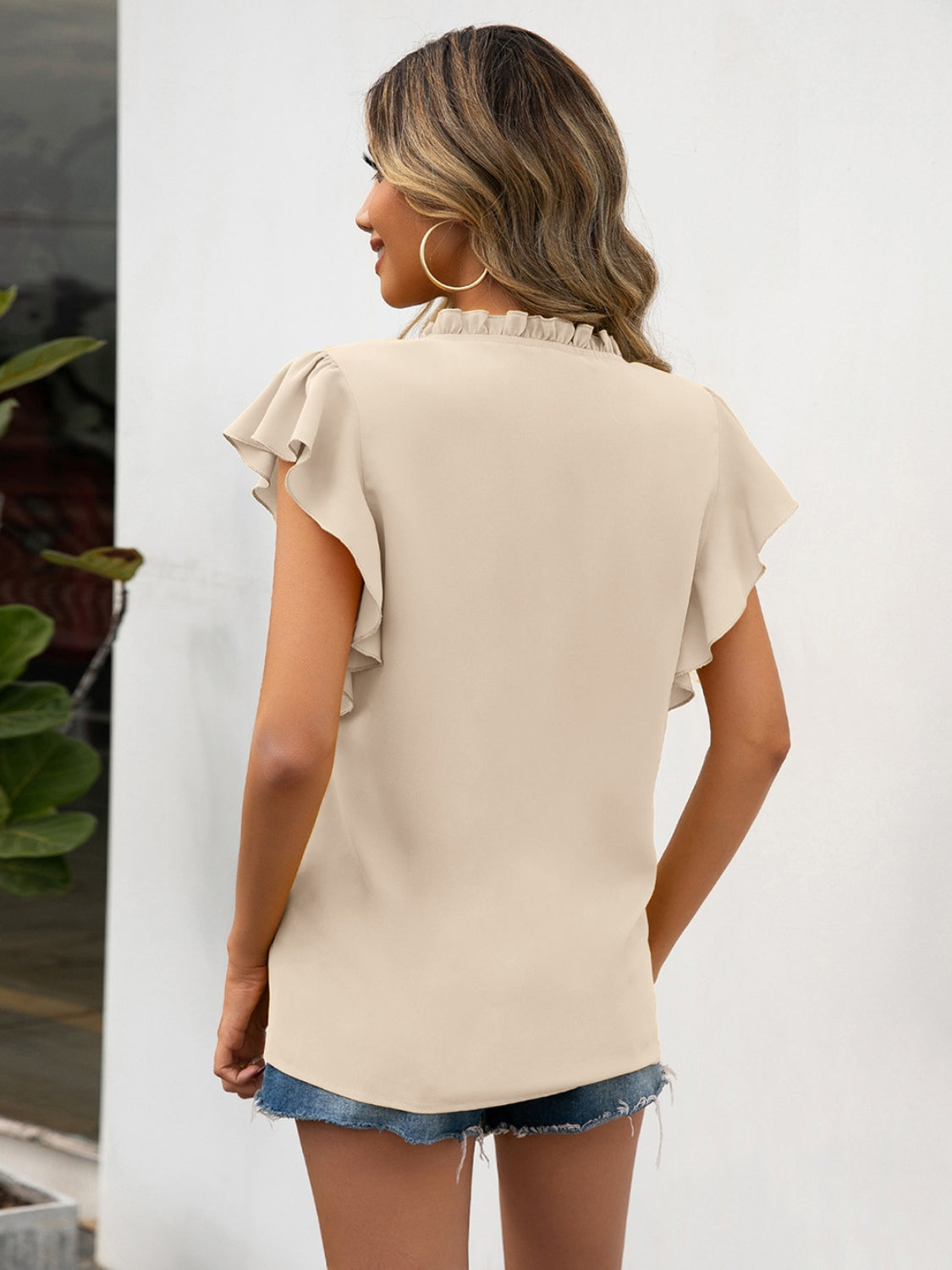 Ruffled Notched Cap Sleeve Blouse