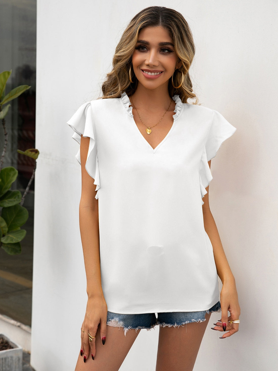 Ruffled Notched Cap Sleeve Blouse