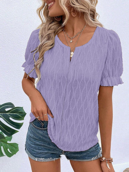 Ruffled Notched Short Sleeve T-Shirt