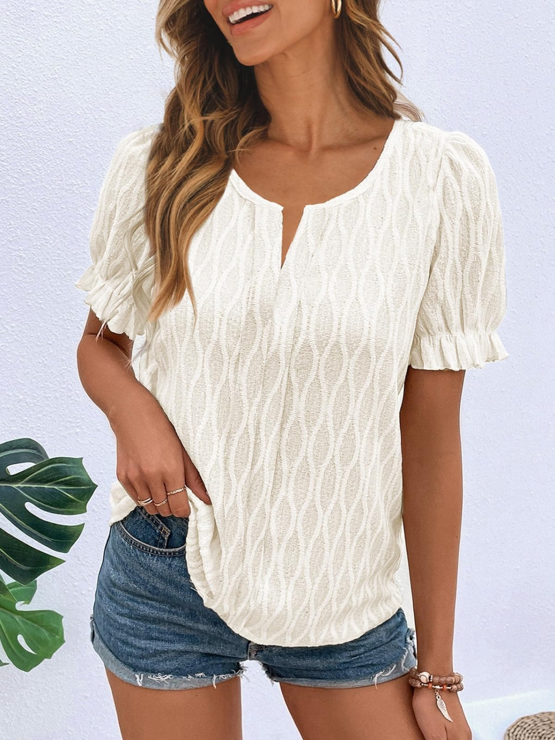 Ruffled Notched Short Sleeve T-Shirt